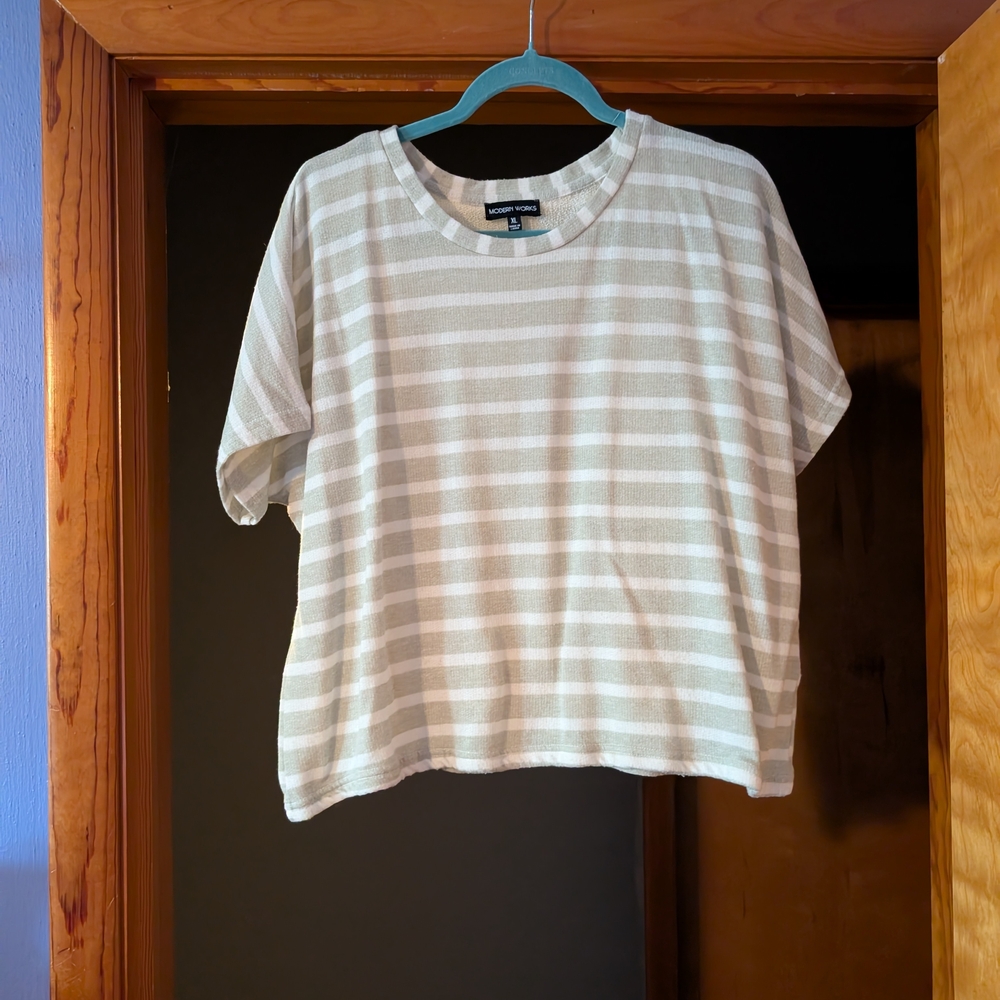 Modern Works Striped Boxy Tee in Light Green & White